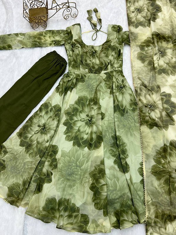 Mehandi Organza Printed Anarkali Gown With Pant & Dupatta Set - Image 4