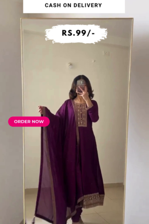 Purple Yoke Design Silk Blend Anarkali Kurta With Churidar & Dupatta