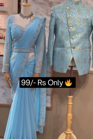 Women's Georgette Silk Saree With Embroidered Sequin Blouse Piece (SkyBlue)