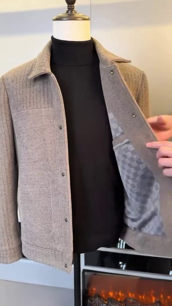 Men's Textured Knit Shirt Jacket / Shacket (Tan/Taupe) - Image 2