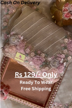 Elegant Orange Net Fabric Saree with Heavy Embroidery, Sequins, and Appliqué Work