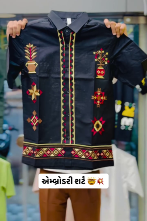 Tribe Men and Boys Short Sleeve Cuban Collar Black Embroidered Casual Drop Shoulder Trendy Streetwear Lightweight Cotton Oversized Shirt