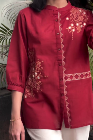 Red Shirt Collar Floral Embroidered Tunic With Trouser