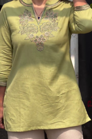 Floral Yoke Design Mandarin Collar Thread Work Pure Cotton Straight Kurta