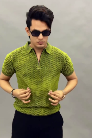 Self Design Polo Collar Short Sleeves Merino Woollen Regular T-shirt