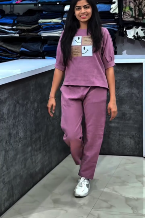 Women Solid Round Neck T-Shirt With Trousers Co-Ords