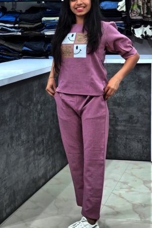 Women Solid Round Neck T-Shirt With Trousers Co-Ords