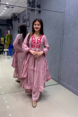 Women's Pink Anarkali Flared Kurti Pent Dupatta Suit Set