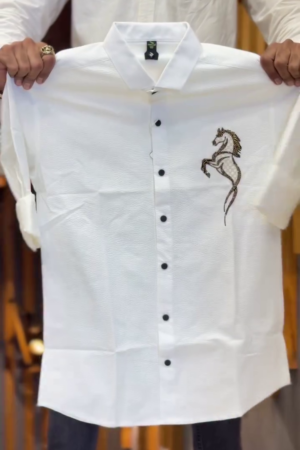 Men's Cotton Full Sleeves Spread Collar Regular Fit Horse Embroidery Shirt