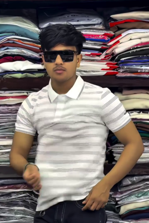 Men White Navy Striped Polo Collar Pure Cotton T-shirt