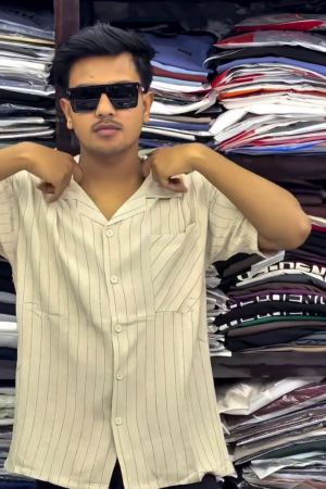 Men Cuban Collar Vertical Striped Relaxed Fit Casual Shirt