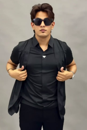 Men Black Solid Front Open Cotton Sleeveless Shrug