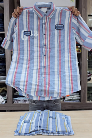 Mens Comfort Vertical Stripes Spread Collar Roll-Up Sleeves Cotton Casual Shirt