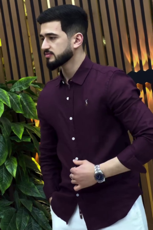 Men Red Stretchy Twill Shirt