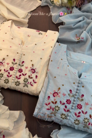 Embroidered Pure Cotton V-Neck Kurta & Trousers With Dupatta